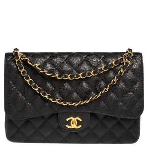 مملوكة مسبقًا Chanel Black Quilted Caviar Leather Jumbo Classic Double Flap Bag