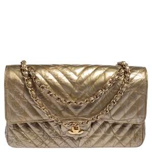 مملوكة مسبقًا Chanel Pale Gold Quilted Vinyl and Leather Medium Classic Double Flap Bag