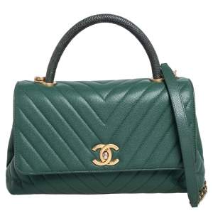 Pre Owned Chanel Green Chevron Quilted Caviar Leather and Lizard Small Coco Top Handle Bag