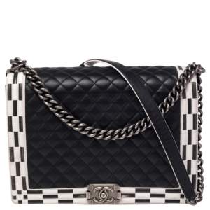 Chanel Black/White Quilted Leather Large Checkerboard Trim Boy Flap Bag