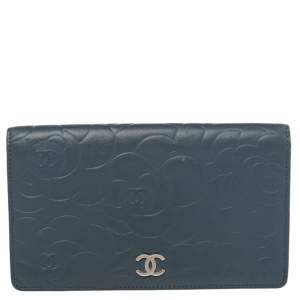 Chanel Grey Camellia Embossed Leather L Yen Wallet