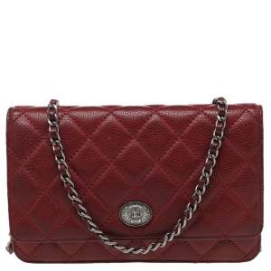 Chanel Red Quilted Caviar Leather CC Classic Flap Wallet on Chain  