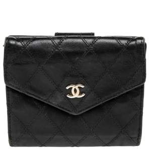 Chanel Black Double Quilted Leather Vintage Trifold Wallet