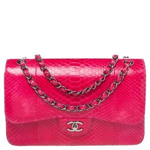 Pre Owned Chanel Pink Python Leather Jumbo Classic Double Flap Bag