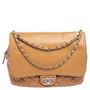Pre Owned Chanel Beige Quilted Leather And Leather Jumbo Easy Flap Bag