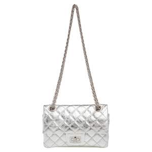 Pre Owned Chanel Silver Quilted Leather Mini Reissue 2.55 Double Flap Bag