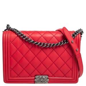 Chanel Red Quilted Leather Large Boy Bag