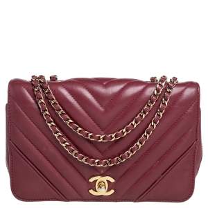 Pre Owned Chanel Burgundy Chevron Leather Mini Statement Flap Bag
