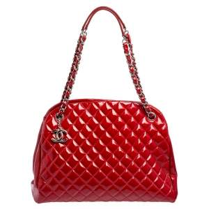 Pre Owned Chanel Red Quilted Patent Leather Medium Just Mademoiselle Bowler Bag
