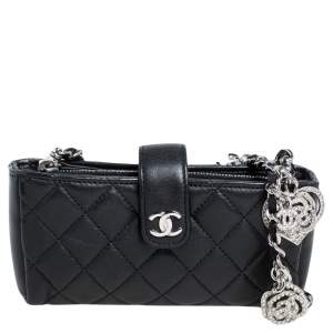 Pre Owned Chanel Black Quilted Leather Classic Phone Holder Chain Clutch