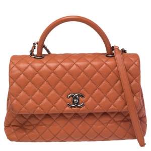 Chanel Orange Quilted Caviar Leather Medium Quilted Coco Top Handle Bag