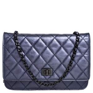 Chanel Metallic Blue Quilted Leather Reissue 2.55 Wallet On Chain