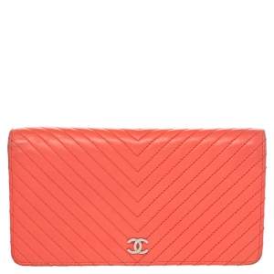 Chanel Orange Chevron Quilted Leather CC Long Wallet