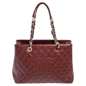 Pre Owned Chanel Dark Red Quilted Caviar Leather Grand Shopping Tote