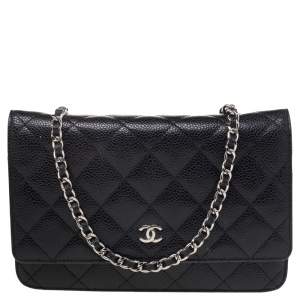 Chanel Black Quilted Caviar Leather Wallet On Chain