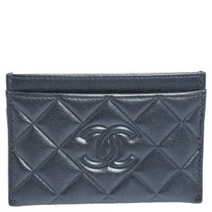 Chanel Metallic Grey Quilted Leather CC Card holder 