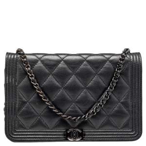 Chanel Black Quilted Caviar Leather Boy Wallet On Chain