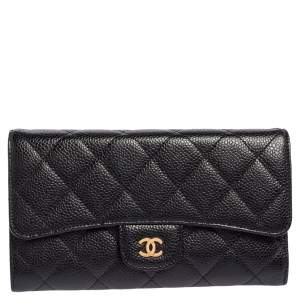 Pre Owned Chanel Black Quilted Caviar Leather Classic Flap Wallet