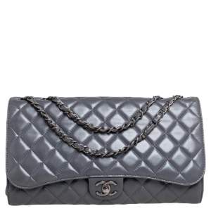 Pre Owned Chanel Grey Quilted Leather Grocery By Chanel Drawstring Flap Bag