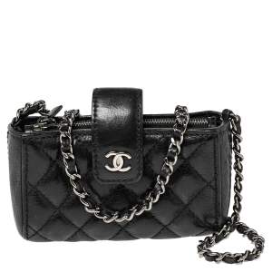 Pre Owned Chanel Black Quilted Leather Mini Phone Holder Chain Clutch