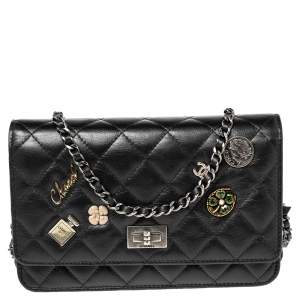 Chanel Black Aged Quilted Leather Lucky Charms 2.55 Reissue Wallet on Chain