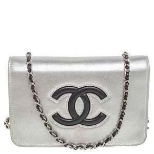 Chanel Silver/Black Leather CC Timeless Wallet On Chain