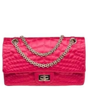 Pre Owned Chanel Fuchsia Croc Quilted Satin Reissue 225 Flap Bag