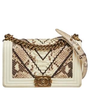 Chanel White/Brown Python and Leather Medium Boy Flap Bag
