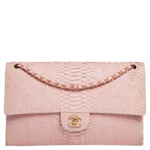 Pre Owned Chanel Pink Python Classic Flap Flat Bag