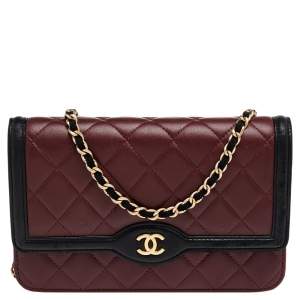 Chanel Burgundy/Black Quilted Leather Wallet On Chain