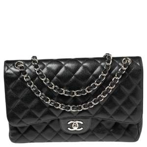 Pre Owned Chanel Black Quilted Caviar Leather Jumbo Classic Double Flap Bag