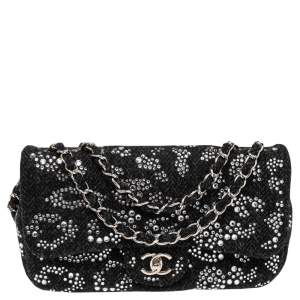 Chanel Black Crystal Embellished Tweed Jumbo Classic Single Flap Bag