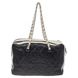 Chanel White/Black Quilted Leather CC Zip Shoulder Bag