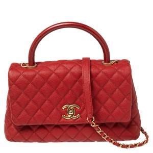 Pre Owned Chanel Red Lizard Embossed and Caviar Leather Small Coco Top Handle Bag