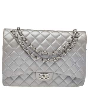 Chanel Silver Quilted Leather Maxi Classic Double Flap Bag