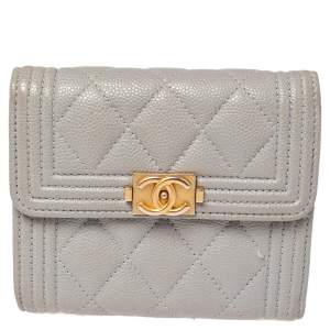 Chanel Grey Quilted Caviar Leather Boy Wallet