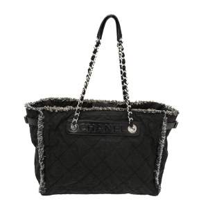 Chanel Black Quilted Fabric and Tweed Wild stitch Tote