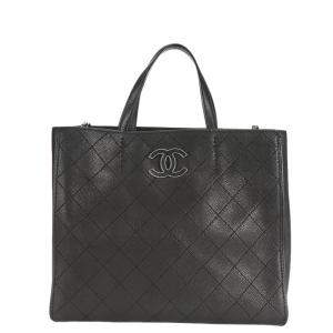 Chanel Black Stitched Grained Calfskin Leather Hamptons Tote Bag