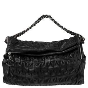 Pre Owned Chanel Black Perforated Pleated Leather Chain Bag