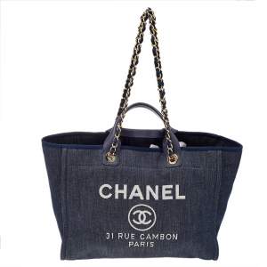 Pre Owned Chanel Navy Blue Denim Large Deauville Shopping Tote