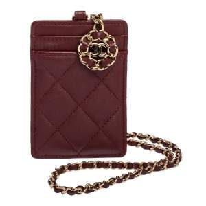 Chanel Dark Red Quilted Leather Infinity Lanyard ID Card Holder