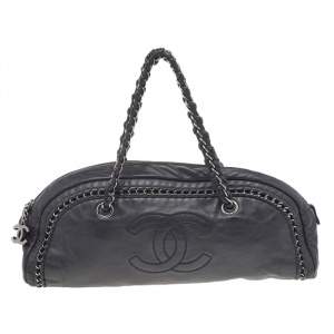 Pre Owned Chanel Black Leather Chain Trim Luxe Ligne Bowler Boston Bag