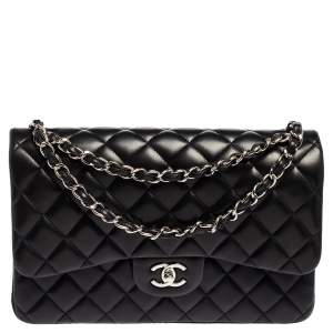 Pre Owned حقيبة شانيل قلاب مزدوج جامبو كلاسيك جلد مبطن أسود