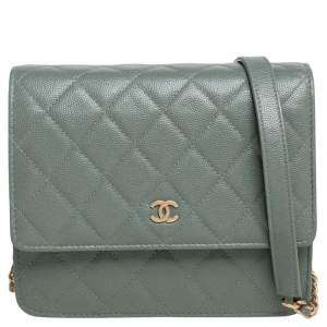 Pre Owned Chanel Mint Green Caviar Shimmer Leather Square Classic Wallet On Chain 