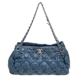 Chanel Blue Quilted Bubble Nylon Tweed Stitch Tote
