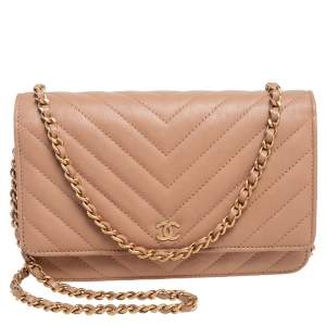 Chanel Beige Quilted Leather Wallet On Chain