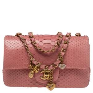 Pre Owned Chanel Pink Python Small Valentine Classic Single Flap Bag
