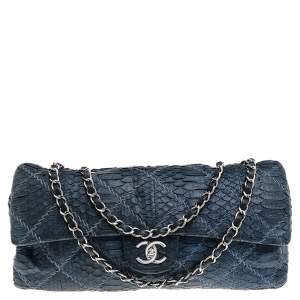 Pre Owned Chanel Navy Blue Python Leather Classic Double Flap Shoulder Bag