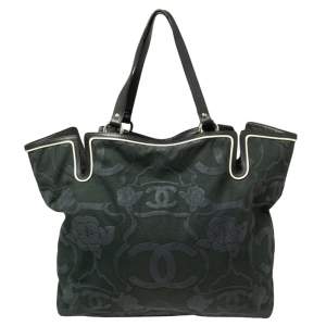 Chanel Dark Green And Blue Camellia And CC Embossed Canvas and Leather Tote