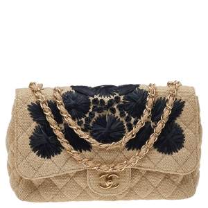 Pre Owned Chanel Beige Quilted Canvas And Raffia Embroidered Country Coco Jumbo Flap Bag
